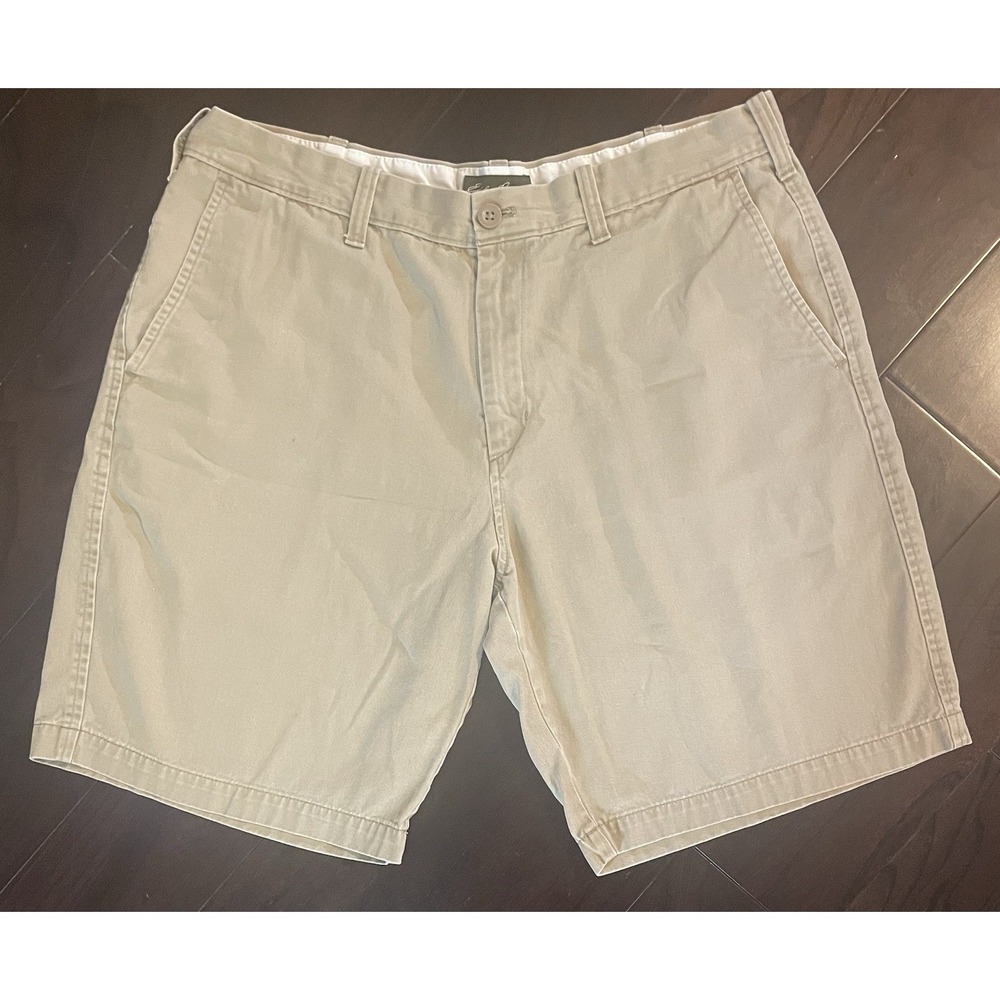 Eddie Bauer Chino Shorts Men 36 Khaki Tan Flat Front Casual 9" Inseam Preppy Dad